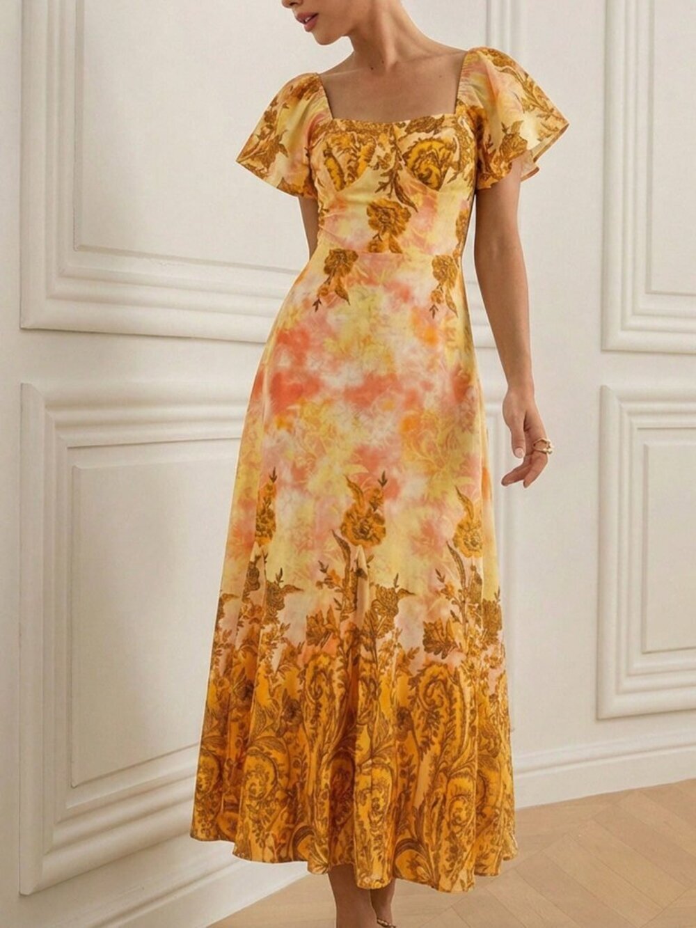 Orange Elegant Women's Floral Print Cap Sleeve Flared Hem Dress - Picture 5 of 7